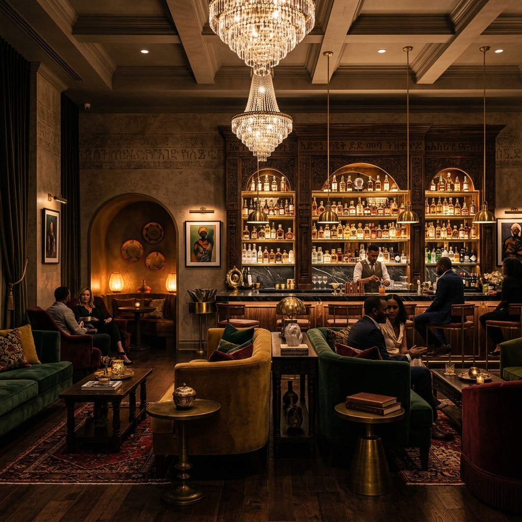 Elegant leather seating and golden accents inside the members-only AASC cocktail lounge