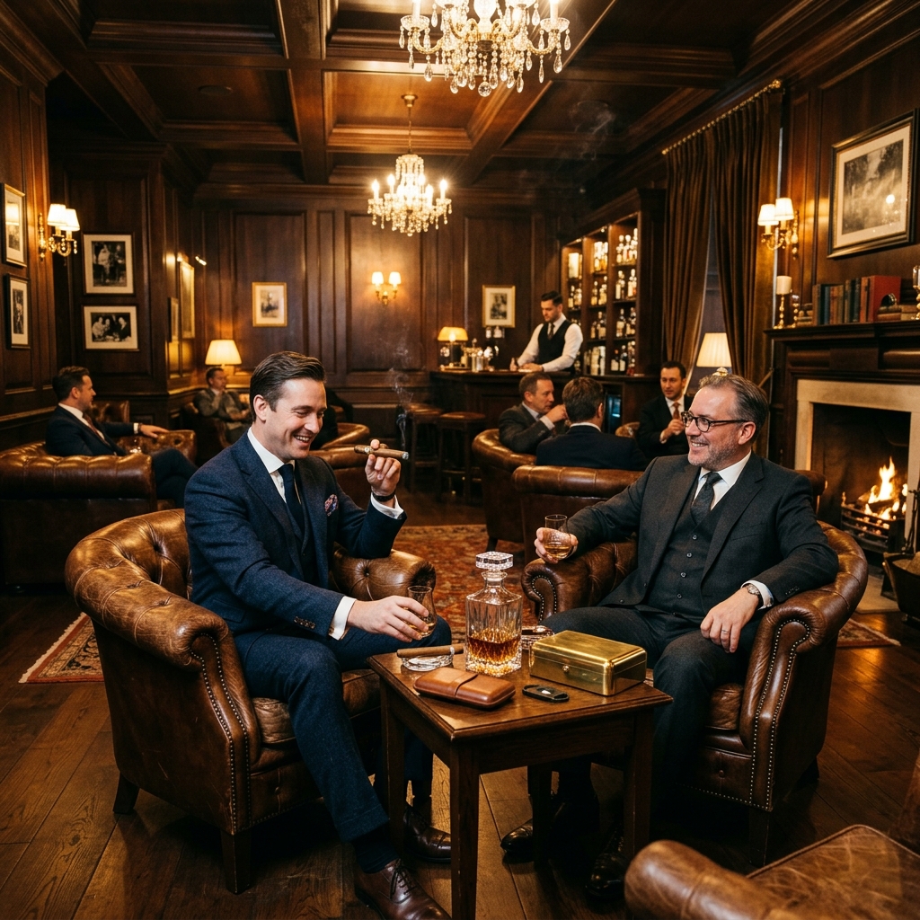Premium leather armchairs and ambient shelves inside the cigar room
